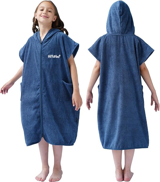 Hiturbo Kids Bath Towel Hoodie: Absorbent Quick Dry Zipper Surf Poncho - Changing Towels Swimming Outerwear (Navy)