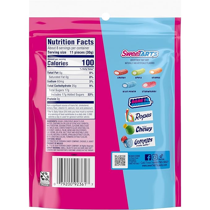 SweeTARTS Rope Bites Candy, Mixed Fruit, 8 Ounce Resealable Bag