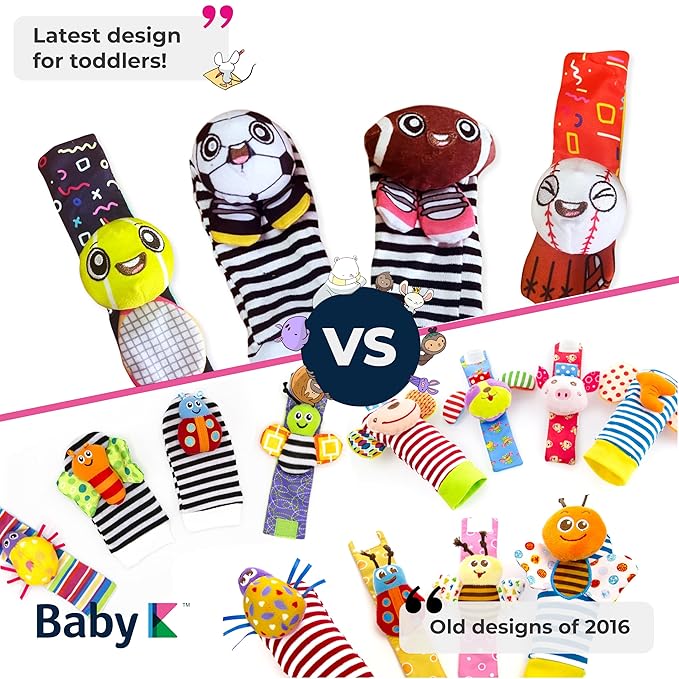 BABY K Baby Rattle Socks & Wrist Toys (Set K) - Newborn Toys for Baby Boy or Girl - Brain Development Infant Toys - Hand and Foot Rattles Suitable for 0-3, 3-6, 6-12 Months Babies