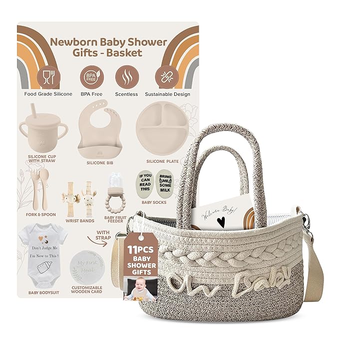 Baby Gift Basket | 11 Piece Baby Essentials – Baby Gift Set – Baby Boy Gifts & Baby Girl Gifts – Newborn Must Haves & Baby Shower Gifts with Plate, Bib, Cup, Feeder, Outfit & Rattles