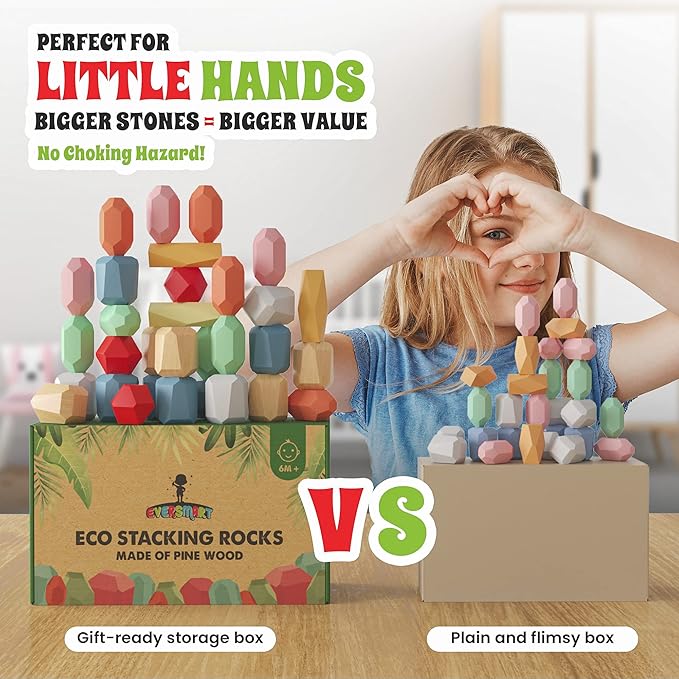 36 Pcs Wooden Stacking Blocks β Montessori Toys for 1 2 3 4 5 6 Year Old Toddlers and Kids, XL Rocks, No Choking Hazard β Sensory STEM Building Stones, for Girls and Boys