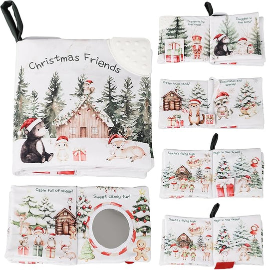 Ali+Oli Baby Cloth Book – Soft Sensory Crinkle Book with Teether for Infants 0-12 Months – Early Learning Touch & Feel Tummy Time Toy – Newborn Shower Gift for Boys & Girls - Christmas Friends