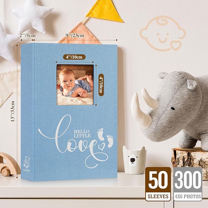 Lanpn Baby Photo Album 4x6 300 Pockets, Linen Hardcover Newborn Memory Book with Memo Writing Area, Bebe Photobook, Slip-in Picture Book, Ultrasound Album Keepsake Gifts for Boy Baby Shower Blue