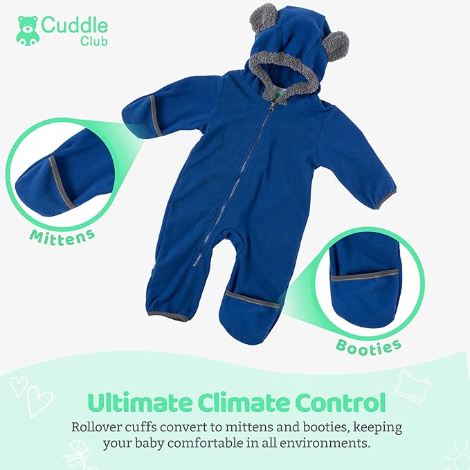 Cuddle Club Fleece Baby Bunting Bodysuit with Hood, Convertible Mittens & Booties, Car Seat Friendly, Soft & Warm, Easy Zip
