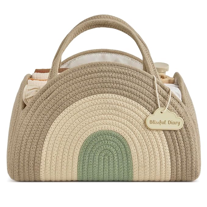 Blissful Diary Baby Diaper Caddy Organizer, Cotton Rope Diaper Caddy Basket, Large Storage Basket for Newborn Boys and Girls, Gift for Baby Shower List, Newborn Essentials, Natural Rainbow