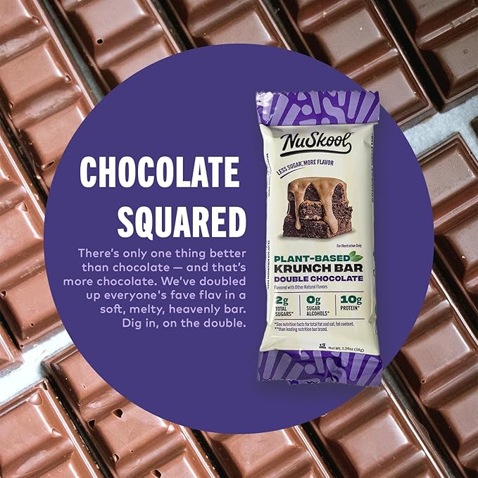 NuSkool Snacks Double Chocolate Keto Friendly Protein Krunch Bars (12 Pack) - 7g Fiber, 10g Clean Plant-Based Protein, 3g Net Carbs - Gluten-Free, Non-GMO, Vegan, Low Carb Keto Healthy Breakfast Snack