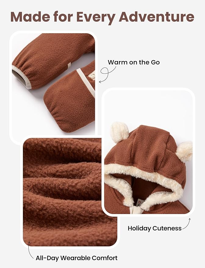 PATPAT Fleece Hooded Footed Romper Clothes, Soft Warm Footie Covers, Car Seat Friendly, Easy Zip, Cute Boy Girl