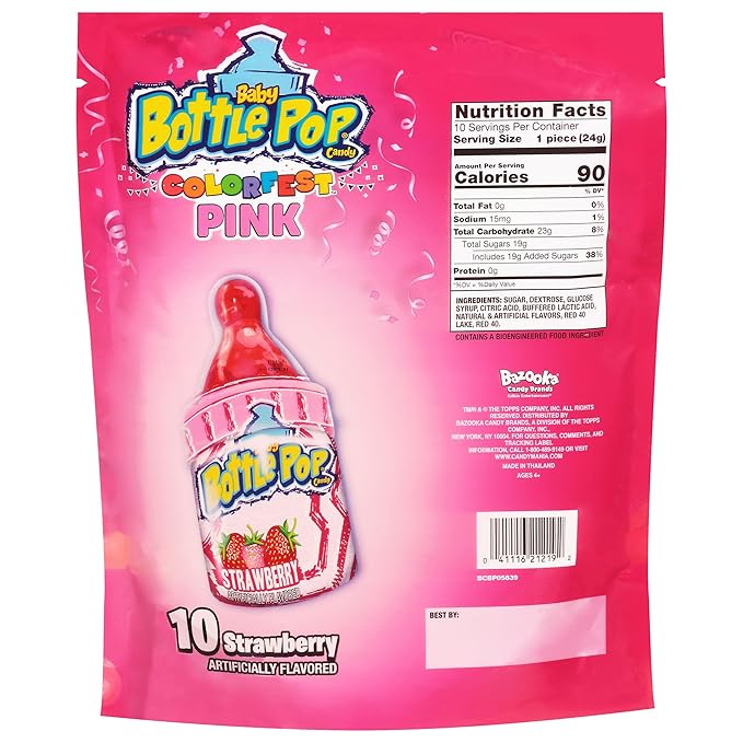 Baby Bottle Pop Candy Pink Lollipops, 10 Ct Bulk Lollipops with Dipping Powder in Pink Strawberry Flavor, Full Size, Individually Wrapped Hard Candy For Gender Reveal, Baby Showers & Goodie Bags