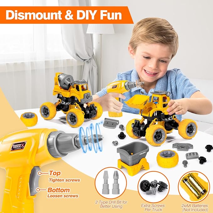 LUDILO 4PCS Take Apart Toys for 4 Year Old Boys Construction Toys with Electric Drill DIY Assembly Building Stem Toys Trucks Gifts for 3 4 5 6 7 8 Year Old Boys Girls Kids Learning Educational Toys