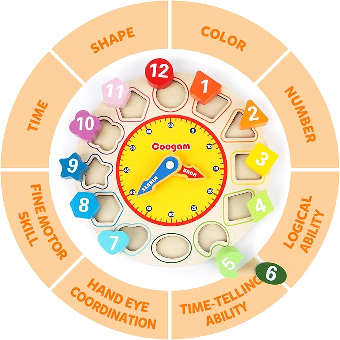 Coogam Wooden Shape Color Sorting Clock – Teaching Time Number Puzzle Stacking Sorter Jigsaw Montessori Early Learning Educational Toy Gift for Year Old Kids