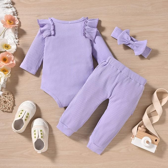 Aalizzwell Preemie Newborn Infant Baby Girls Clothes Ribbed Bodysuit Pants Set Fall Winter Outfits