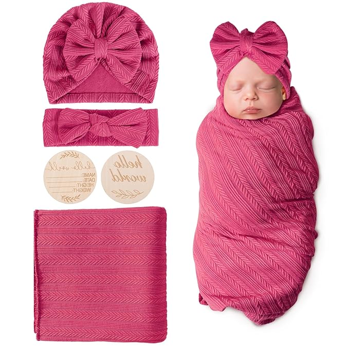 Newborn Receiving Blanket with Bow Hat Headband Wooden Card Set Wheat-Pattern Newborns Toddler Baby Boy Girl Nursery Swaddle Wrap