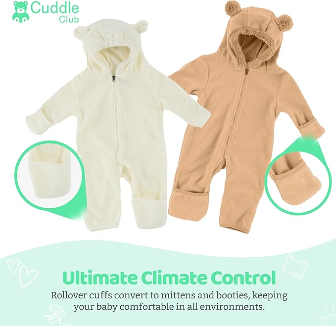Cuddle Club Fleece Baby Bunting Bodysuit with Hood, Convertible Mittens & Booties, Car Seat Friendly, Soft & Warm, Easy Zip