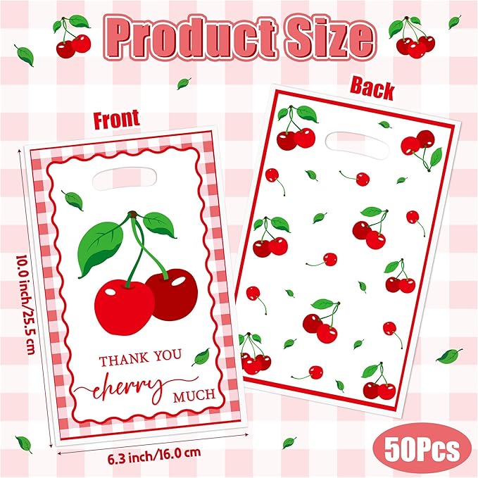 Cherry Party Favor Bags - 50Pcs Red Sweet Cherries Goody Candy Treat Gifts Bags, Fruit Berry Themed Party Decorations for Kids Girls Boys Birthday Baby Shower Fruit Events Supplies