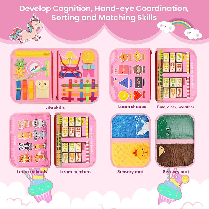 Toddler Busy Board Montessori Toys, Sensory Board Busy Book, Busy Board for Toddlers 2-4, Preschool Learning Activities with Life, Unicorns Pink, 8 Pages and 2 Pages Sensory Mats