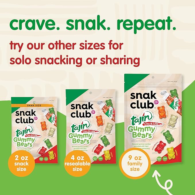 Snak Club Tajin Gummy Bears, Assorted Fruit Candy Gummies with Chili and Lime Seasoning, Mild Spice, Gluten-Free and Vegan Snacks, 9 oz Resealable Bags, 3 Pack