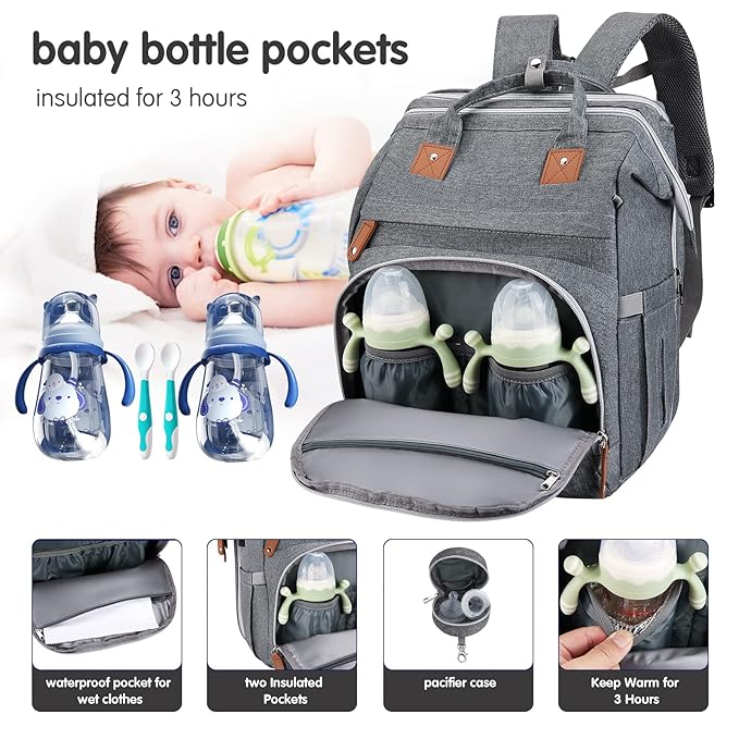 DERJUNSTAR Baby Diaper Bag Backpack with ChangingStation-Large Capacity Baby Bag for Boys & Girls, USBCharging Port, Pacifier Case, sunshade & Toy Bar,Waterproof, Pale Grey