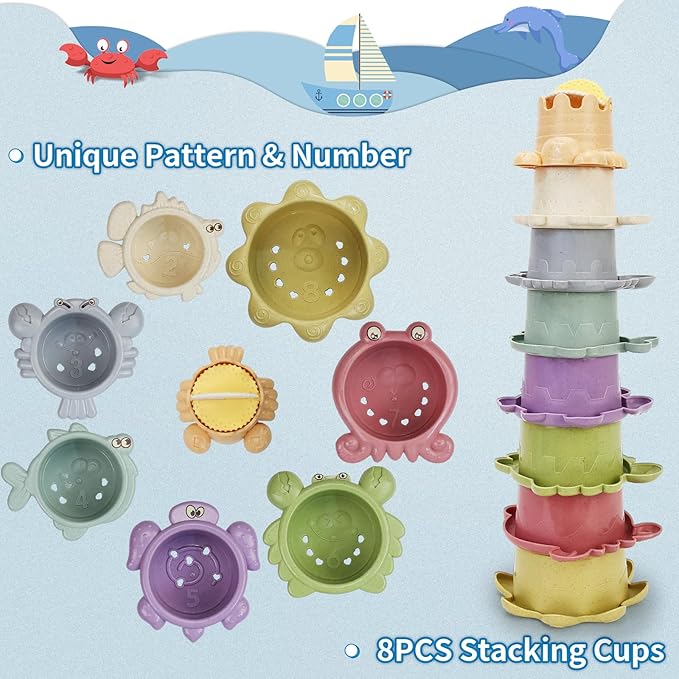 Baby Bath Toys for Toddlers 1-3, 14 Pcs Bathtub Toys for for Kids Age 2-4,Mold Free Bath Boat with Stacking Cup & Watering Can , Water Table Toys for Infants Boys Girls Babies 6-12-18 Months