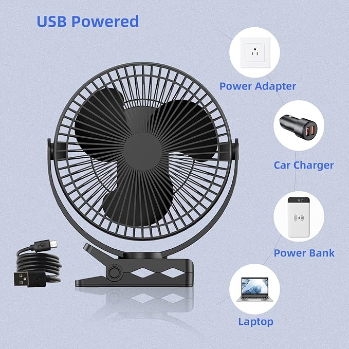 ATEngeus USB Desk Fan, Rechargeable Portable Fan, 8-Inch Clip on Fan, 10000mAh Stroller Fan, 4 Speeds Strong Airflow, 720° Rotation, with Sturdy Clamp, Suitable for home, office and stroller