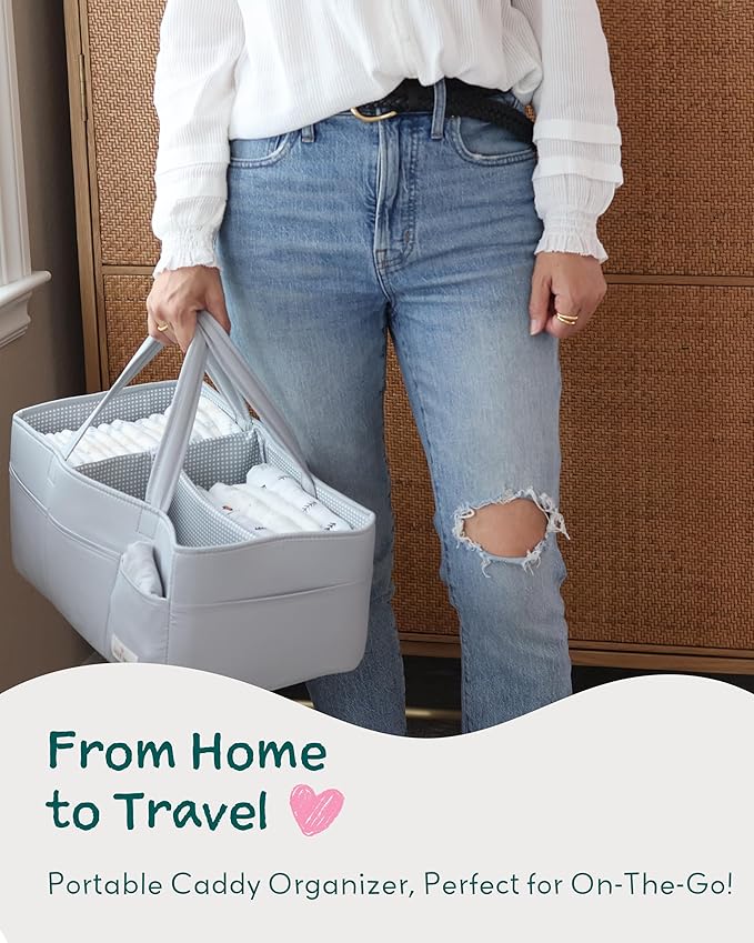 Lily Miles Baby Diaper Caddy Organizer, Wipeable Diaper Organizer Basket with 8 Pockets for Newborn Essentials, Nursery Tote Bag for Changing Table & Car Organization (Willow Green, Large)