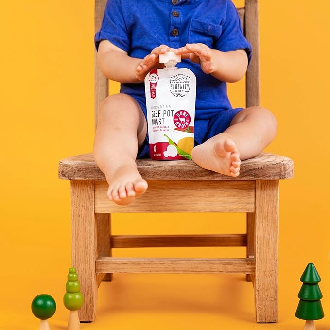 Serenity Kids Bone Broth Puree Made With Organic Veggies | Clean Label Project Purity Award Certified | 3.5 Ounce BPA-Free Pouch | Grass Fed Beef Pot Roast | 1 Count