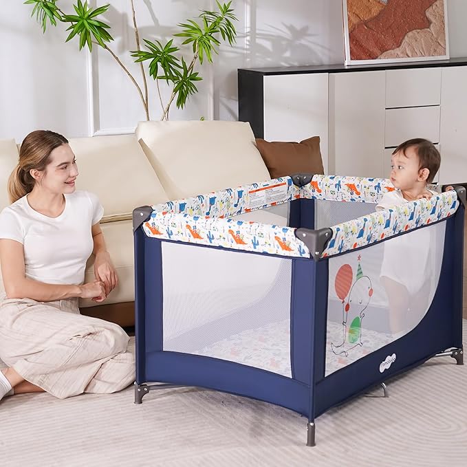 Pamo Babe Travel Foldable Portable Bassinet Baby Infant Comfortable Play Yard Crib Cot with Soft Mattress Breathable Mesh Walls, and Carry Bag Blue