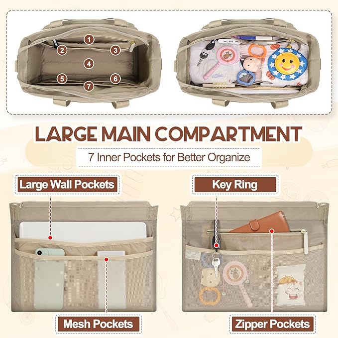 RAINSMORE Diaper Bag Tote, Large Diaper Baby Bag Waterproof Multifunctional Diaper Bag with Pacifier Case & Changing Pad