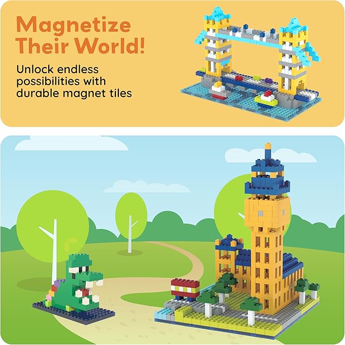 PicassoTiles 1016pcs Magnetic Tile & Building Brick Combo Construction STEM Toy Magnet Tiles for Creative Play Educational Toys for 3+ Large Bricks for Toddlers Compatible with Major Brands PTS1016