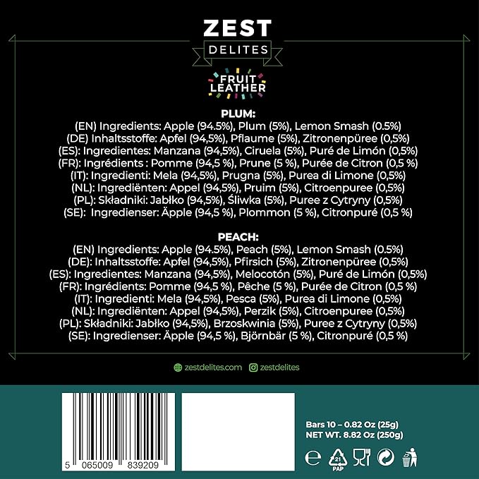 Fruit Snacks by Zest Delites, Dried Fruit Leather Bars, Healthy Snacks for Adults & Kids, Gluten Free Apple-Based Strips, Vegan, Peach, Plum, 0.88 oz x 10