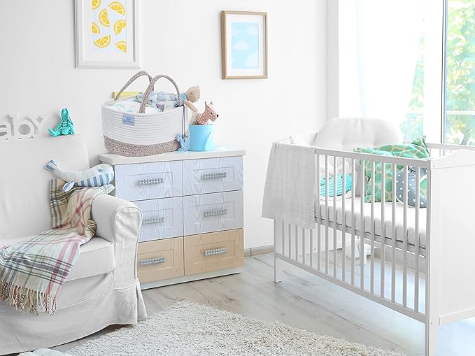 Baby Extra Large Cotton Rope Diaper Caddy, Organizer Storage Bin for Nursery Essentials, 100% Natural Cotton Eco friendly, Organizer with Removable Divider (White & Brown)