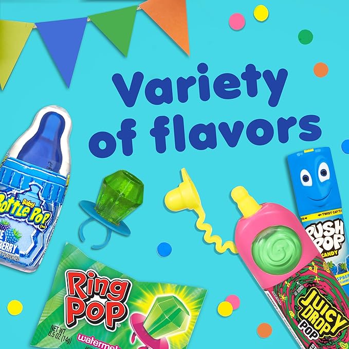 Candy Variety Pack, 18 Count Assorted Lollipops, Bulk Individually Wrapped Ring Pop, Push Pop, Baby Bottle Pop & Juicy Drop, Ideal for Birthdays, Party Favors for Kids & Hard Candy Gifts