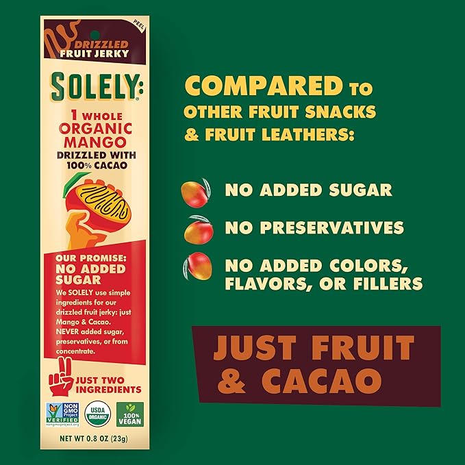 SOLELY - Organic Mango Chocolate Drizzled Fruit Jerky - 1 Individually Wrapped Fruit Strip - Fruit Leather Made from Dried Fruit - Healthy Snacks for Adults & Kids - Vegan - 0.8oz (23g)
