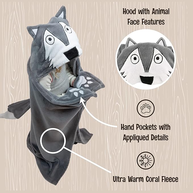 Lazy One Wearable Hooded Blanket for Kids, Animal Hooded Blanket (Wolf)