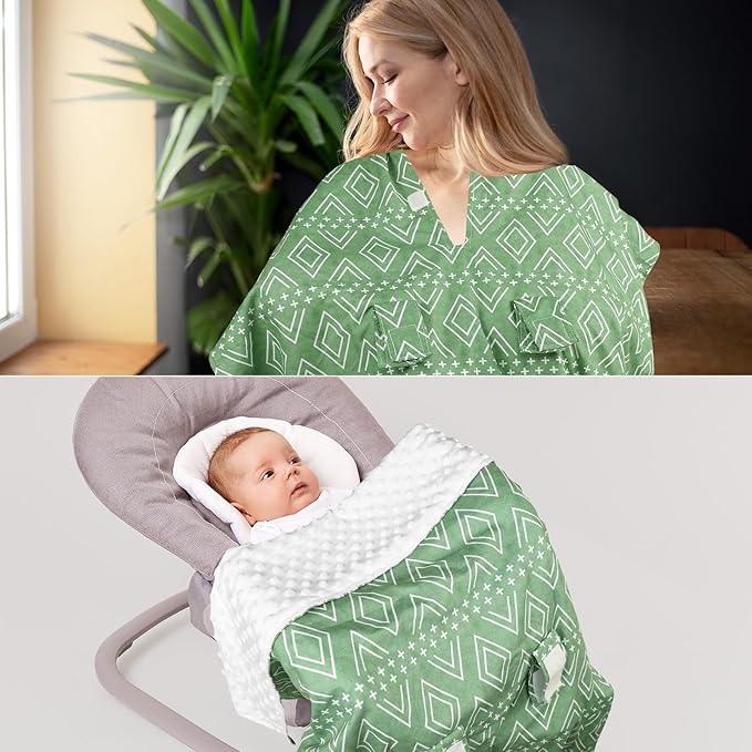 TANOFAR Baby Carseat Canopy, Peekaboo Opening Car Seat Canopy for Babies, Soft and Breathable Infant Carrier Canopy, Multi-use Baby Carrier, Stroller, Nursing Cover, Minky Blanket, Green