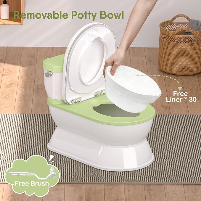 2-in-1 Toddler Potty Training Toilet - Larger Potty Chair & Detachable Training Seat for Boys & Girls Ages 1-3 with Flushing Sound, Wipes Storage, Toilet Paper Holder - Green