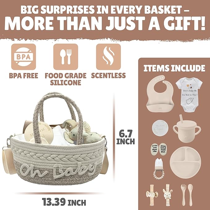 Baby Gift Basket | 11 Piece Baby Essentials – Baby Gift Set – Baby Boy Gifts & Baby Girl Gifts – Newborn Must Haves & Baby Shower Gifts with Plate, Bib, Cup, Feeder, Outfit & Rattles