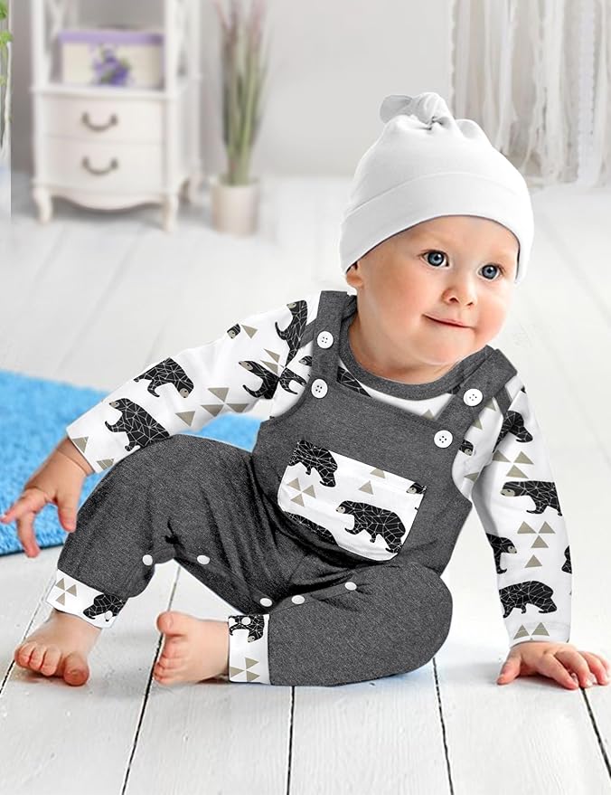Baby Boy Clothes Long Sleeve Animal Plaid Romper + Overalls Infant Boy Clothes 2PCS Fall Winter Outfits
