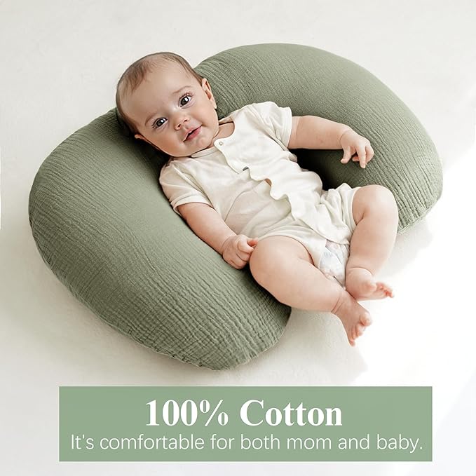 Muslin Nursing Pillow Covers, 2 Pack, Soft & Adorable Slipcovers with Zipper Closure, 100% Cotton Covers for Breastfeeding Pillows (Twig, Grayish Green)