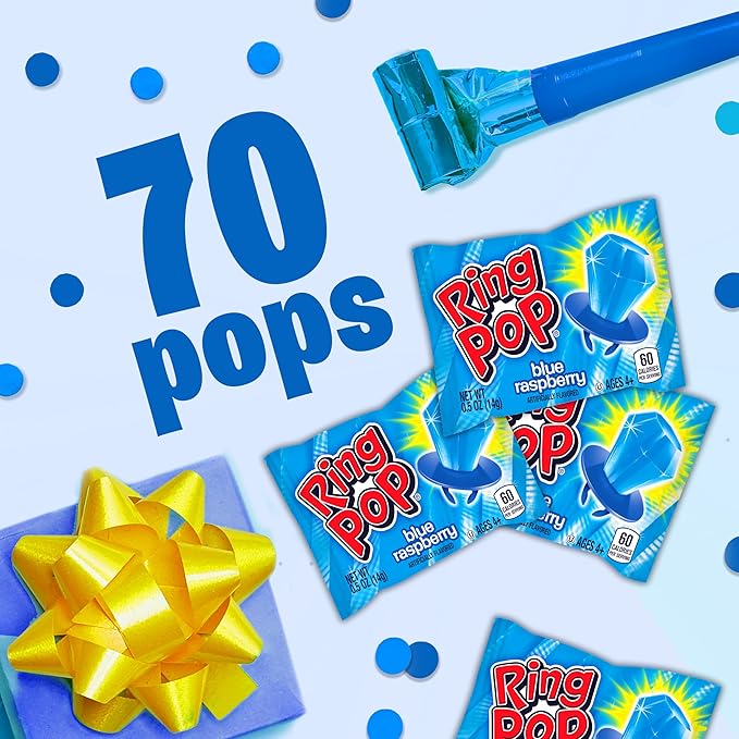 Ring Pop Individually Wrapped Blue Candy 70 Count Bulk Lollipop Pack – Blue Raspberry Flavored Lollipop Suckers for Kids, Fun Candy Bulk, Gender Reveal, Baby Showers, Bachelorette & Kids Party Favors