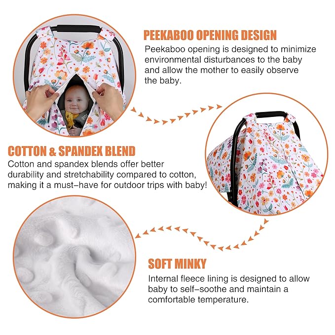 Metplus 2 in 1 Flowers Baby Car Seat Cover, Car Seat Canopy for Babies, Mom Multiuse Nursing Cover, Minky Baby Carrier Covers, Newborn Boy Girl, Peekaboo Opening