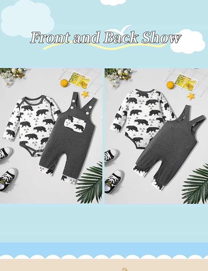 Baby Boy Clothes Long Sleeve Animal Plaid Romper + Overalls Infant Boy Clothes 2PCS Fall Winter Outfits