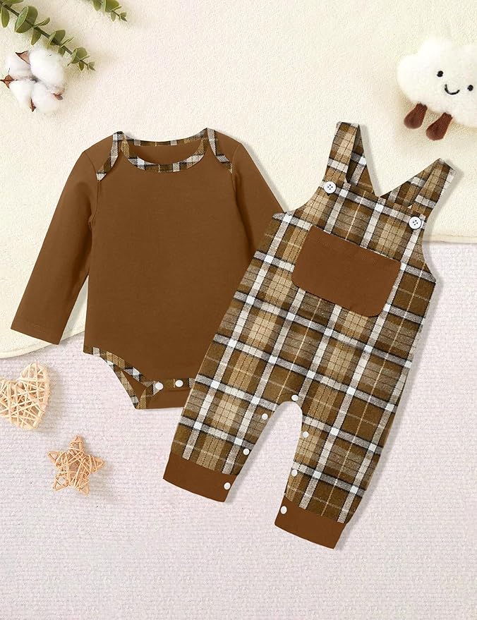 Baby Boy Clothes Long Sleeve Animal Plaid Romper + Overalls Infant Boy Clothes 2PCS Fall Winter Outfits