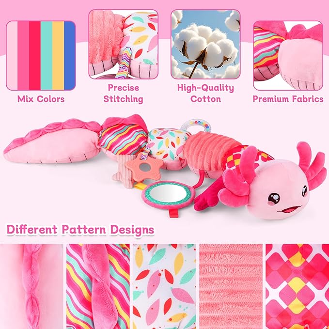 Baby Girls Toys 0-6 Months,Infant Sensory Caterpillar Pink Axolotl Baby Musical Rattles Tummy Time Toys for 0 3 6 9 12 Months Stuffed Plush with Crinkle, Mirror,Teether for Newborn Shower Gifts
