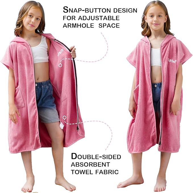 Hiturbo Kids Bath Towel Hoodie: Absorbent Quick Dry Zipper Surf Poncho - Changing Towels Swimming Outerwear (Pink)