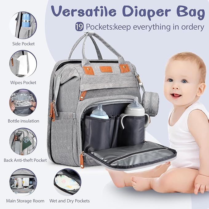 Baby Diaper Bag, Backpack with Changing Table, Unisex Baby Bag, with Diaper Pad, USB Charging Port, Insulated Pacifier Case, Multifunctional Waterproof Travel Diaper Bag, Gift for Newborn Baby (Grey)