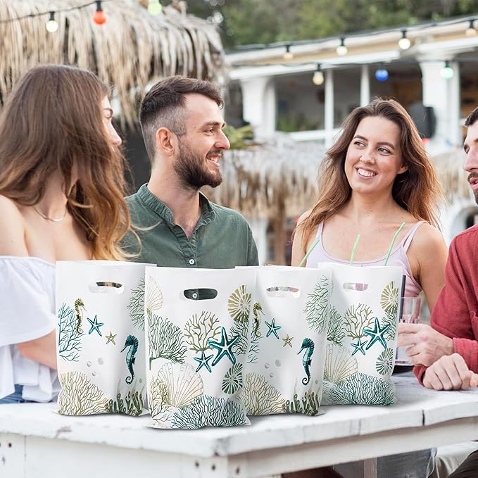 Summer Beach Party Favor Bags - 50Pcs Blue Coastal Goody Candy Treat Gifts Bags, Ocean Seashell Themed Party Decorations for Kids Birthday Summer Ocean Coastal Beach Events Supplies