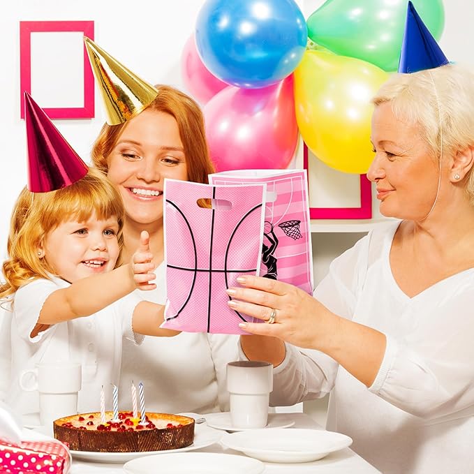 Basketball Party Favor Bags - 50Pcs Pink Basketball Goody Candy Treat Gifts Bags, Sport Themed Party Decorations for Adults Kids Boys Girls Birthday Outdoor Sports Events Supplies