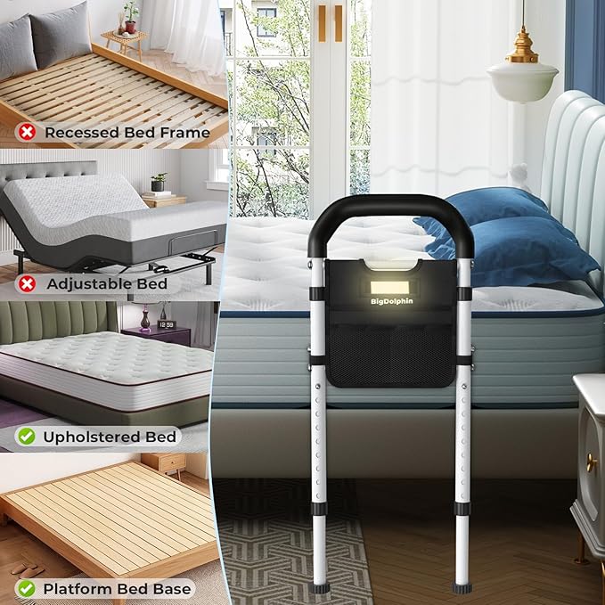 Bed Rails - ASTM Certified, 350 LBS Adjustable Bed Cane with Motion Sensor Light, Tool-Free, Non-Slip Ergonomic Handle & Storage Pocket, 2026 Upgrade Stable Bed Assist Rails for Seniors