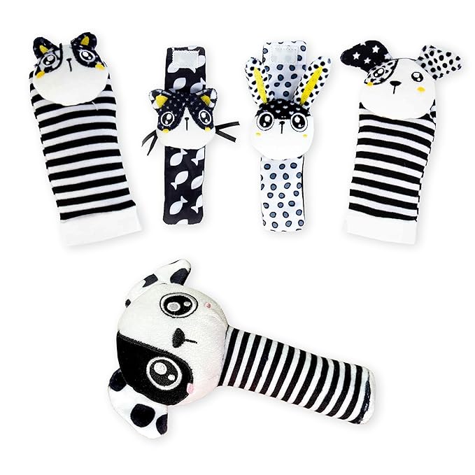 BABY K Rattle Socks & Wrist Rattles and Hand Rattle (Set G+ Dog A) - Newborn Toys for Baby Boy or Girl - Brain Development Infant Toys - Hand and Foot Rattles Suitable for 0-3, 3-6, 6-12 Months Babies