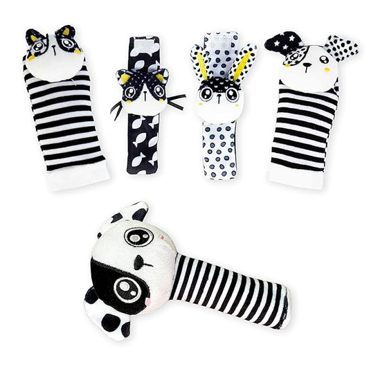 BABY K Rattle Socks & Wrist Rattles and Hand Rattle (Set G+ Dog A) - Newborn Toys for Baby Boy or Girl - Brain Development Infant Toys - Hand and Foot Rattles Suitable for 0-3, 3-6, 6-12 Months Babies